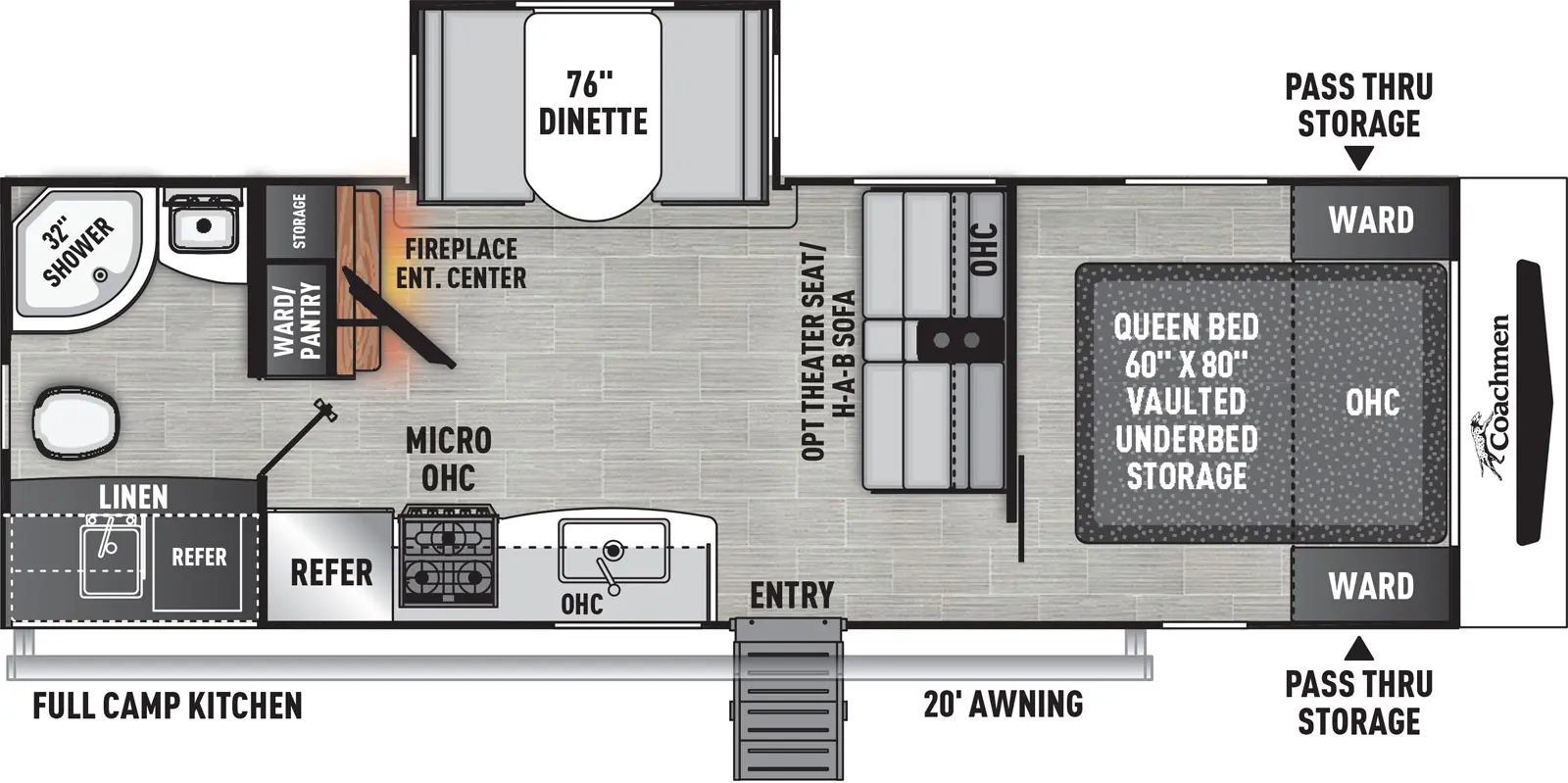 The 252RBS has one slideout and one entry. Exterior features front pass-thru storage, 20 foot awning, and full camp kitchen with refrigerator. Interior layout front to back: foot-facing queen bed with vaulted underbed storage, overhead cabinet, and wardrobes on each side; hide-a-bed sofa with overhead cabinet along inner wall (optional theater seat); off-door side slideout with dinette, and wardrobe/pantry and storage with entertainment center and fireplace along inner wall; door side entry, kitchen counter with sink, overhead cabinet, microwave, cooktop, and refrigerator; rear full bathroom with linen closet.